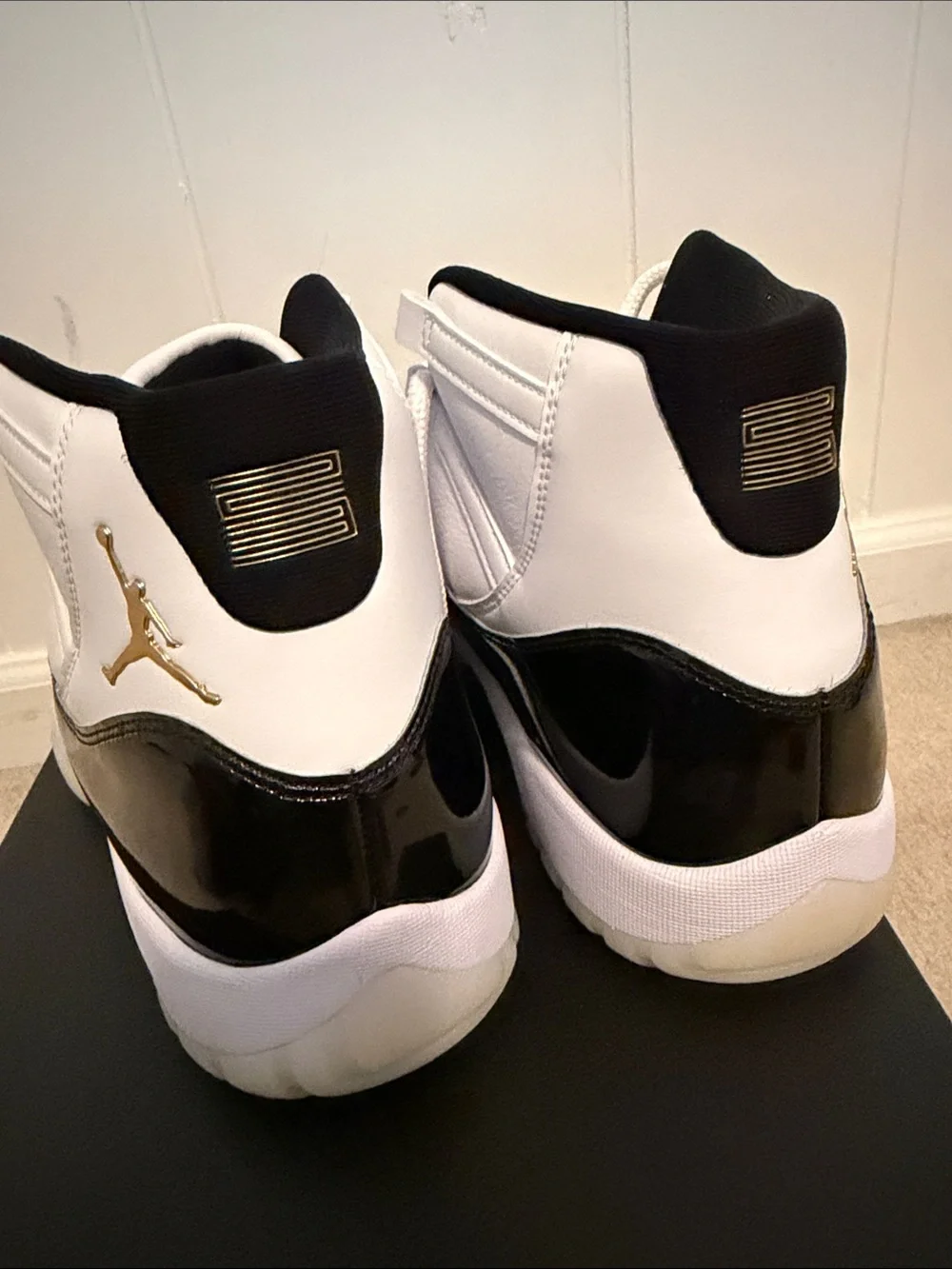 Jordan 11 retro White and Black patent leather Sneaker with Gold Jumpman
